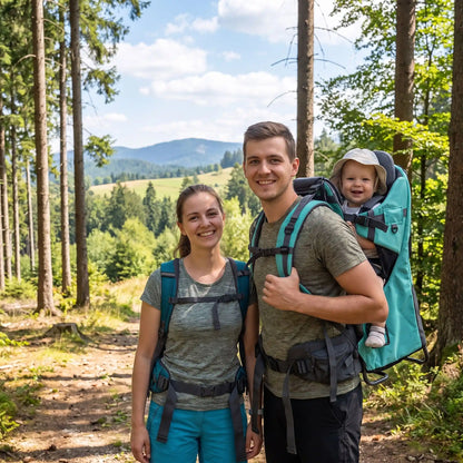 parents avec bebe porte bebe rando