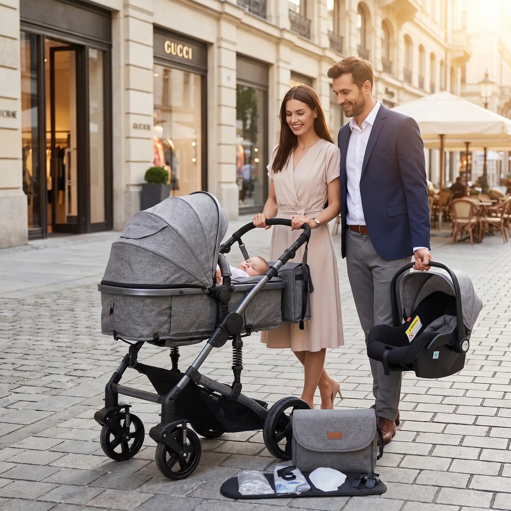 parents avec bebe poussette bebe confort