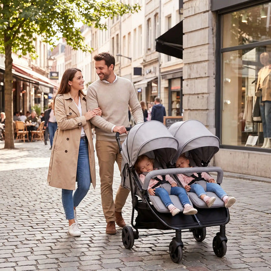 parents avec bebes dans poussette des jumeaux grise