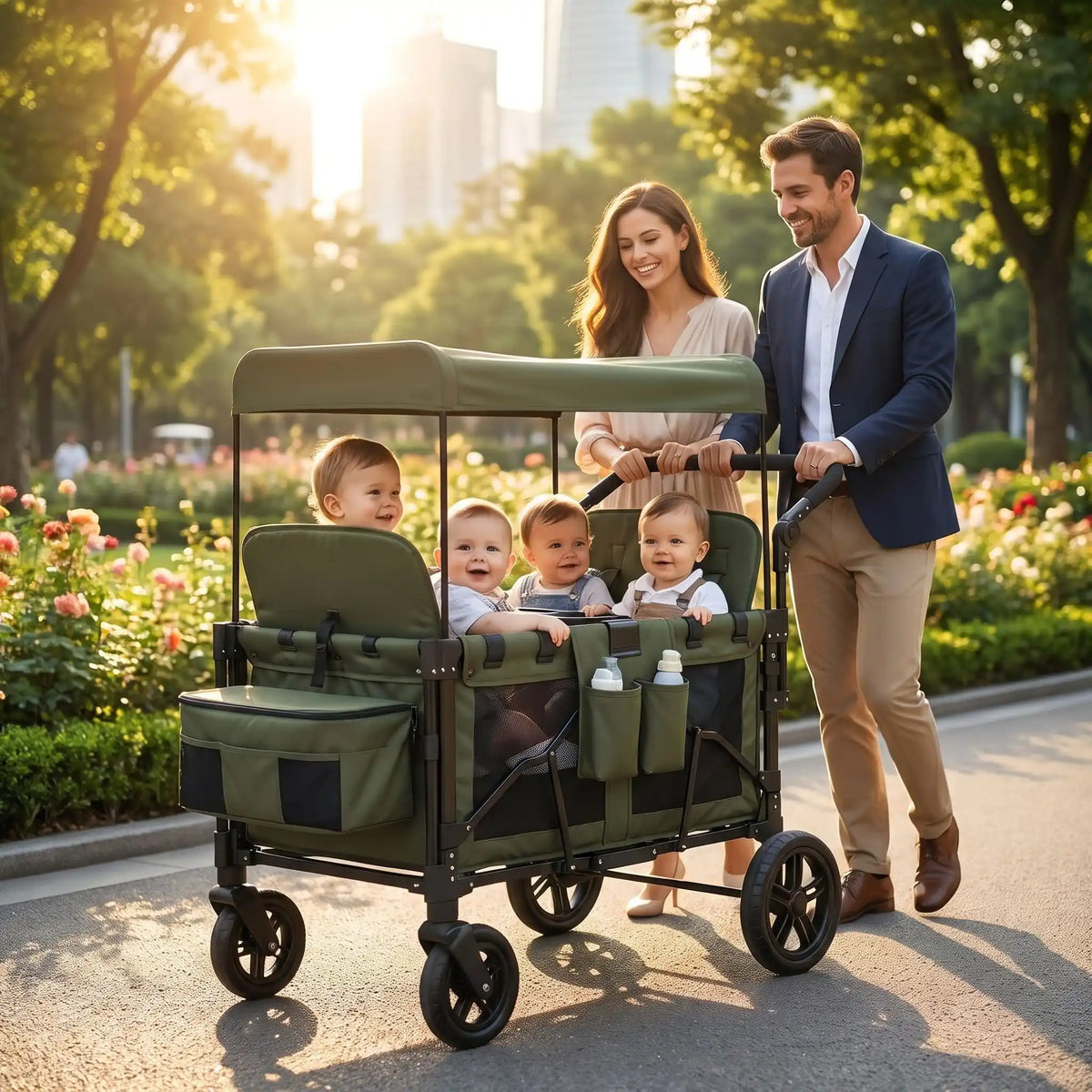 parents avec bebes poussette 4 places