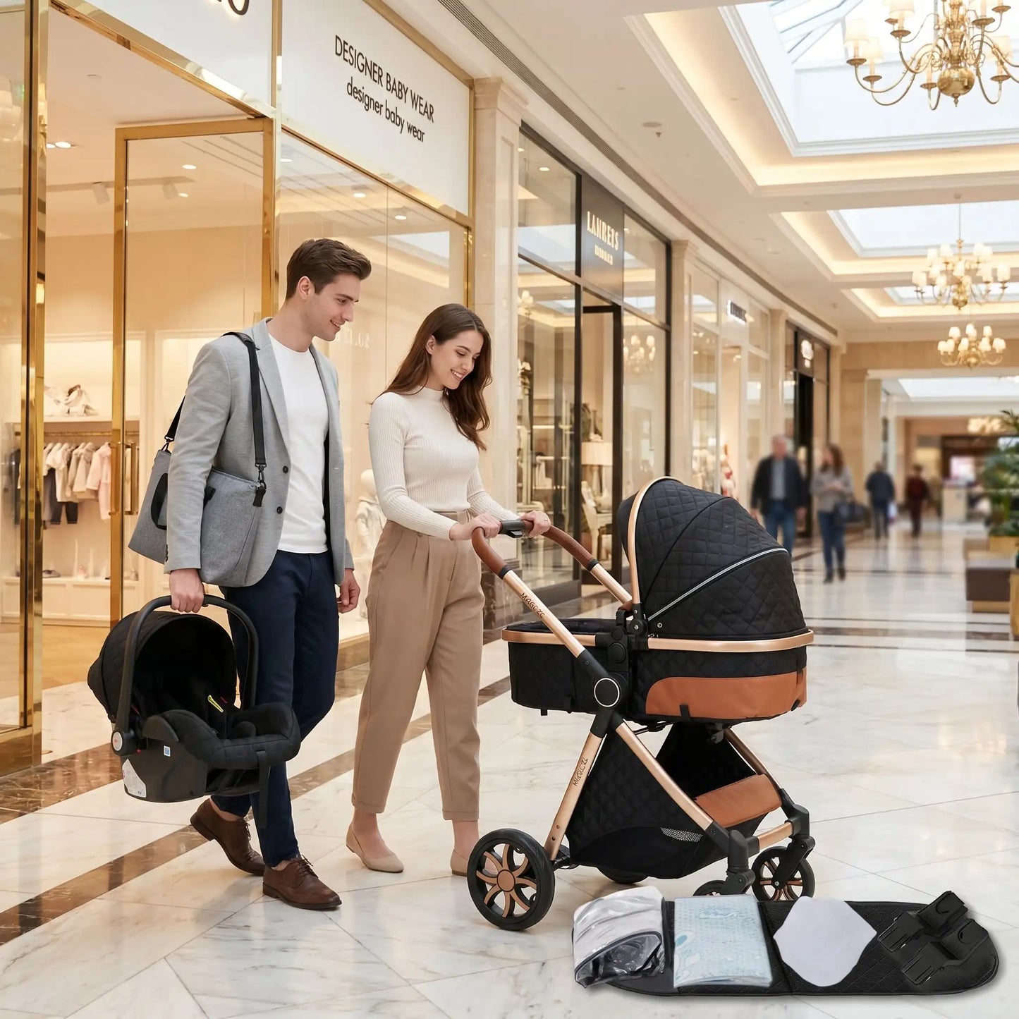 parents centre commercial avec bebe dans poussette 4 en 1