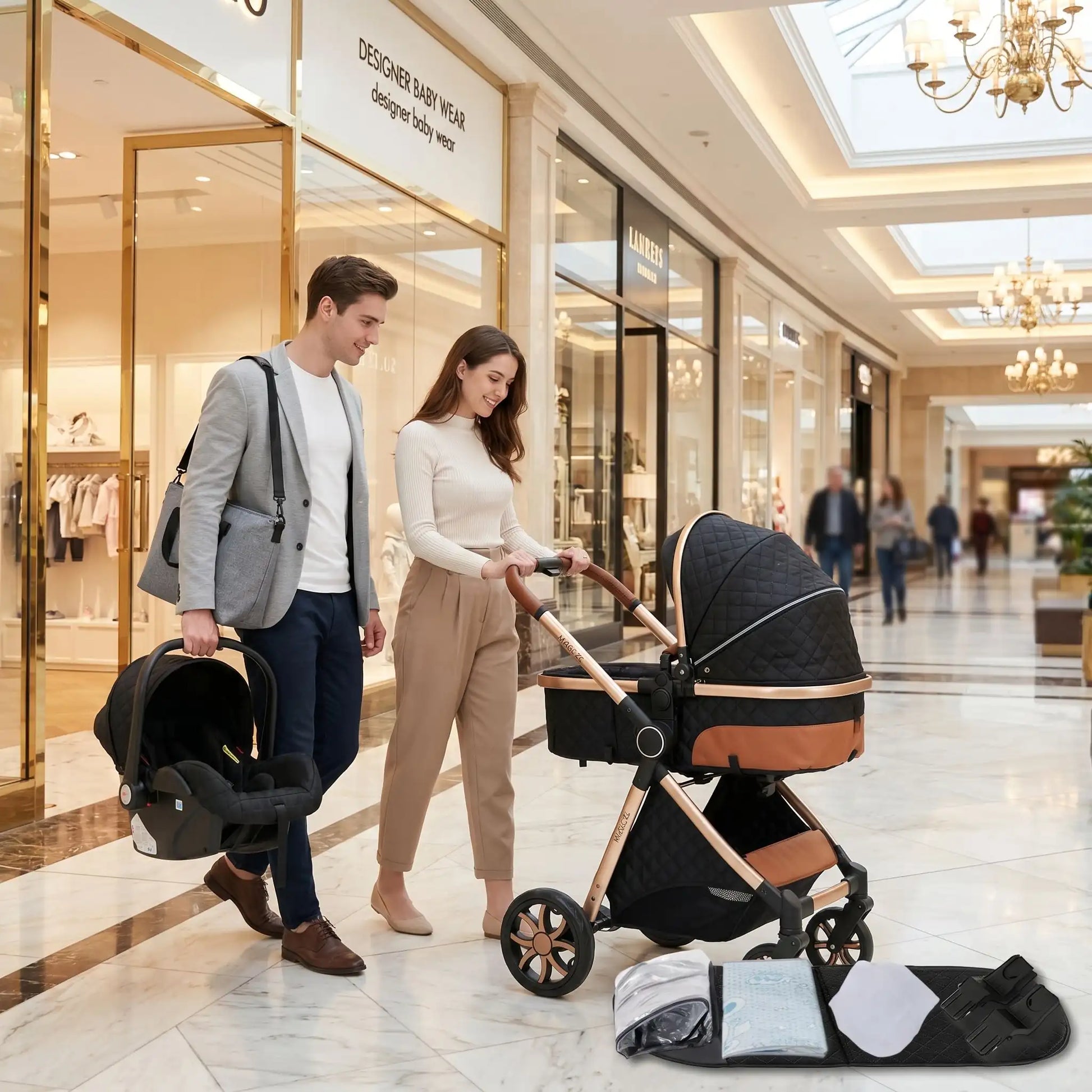 parents centre commercial avec bebe dans poussette 4 en 1