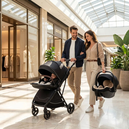 parents centre commercial avec bebe poussette tout terrain compacte