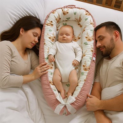 parents dorment avec bebe dans reducteur de lit bebe