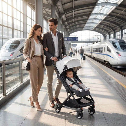 parents gare avec bebe poussette de voyage