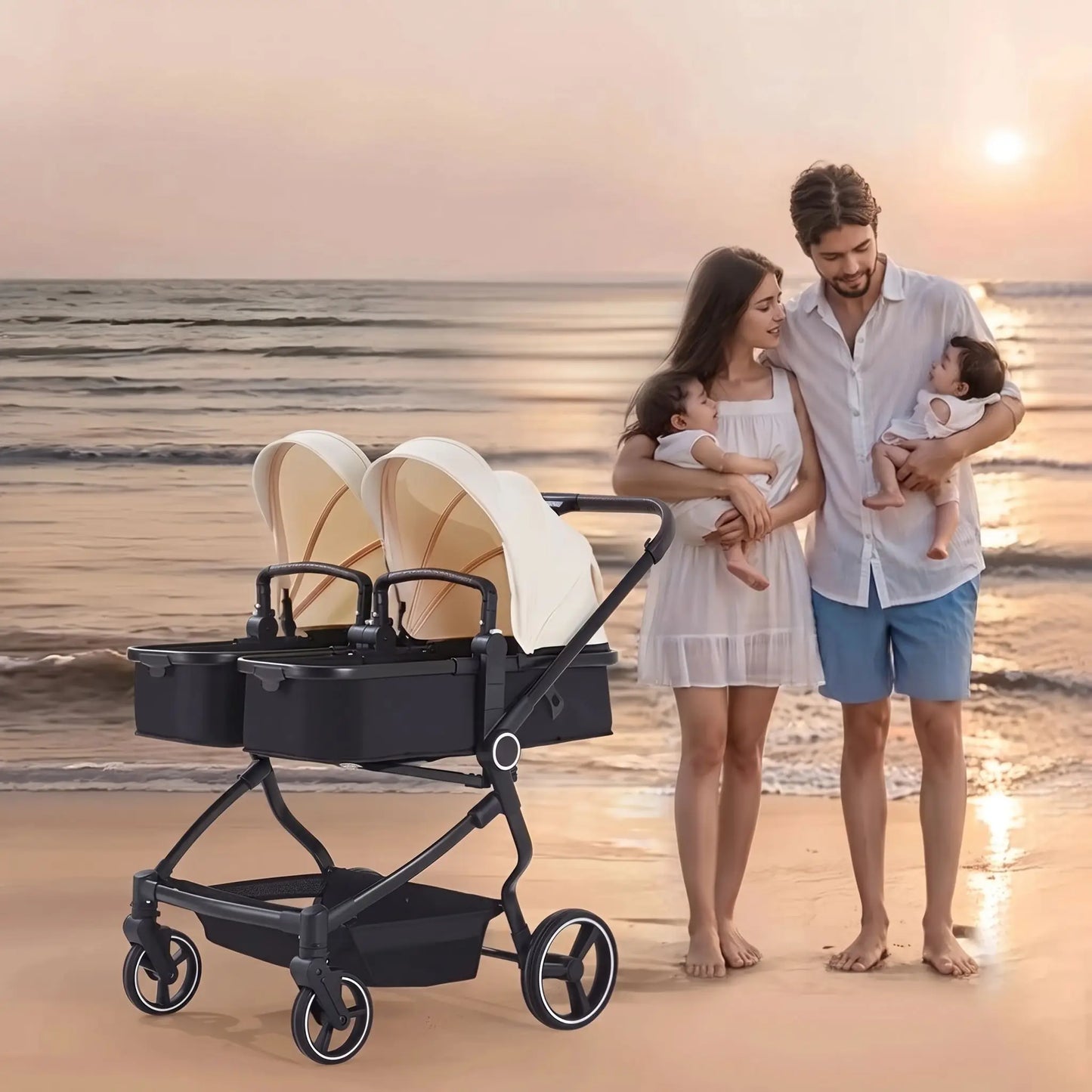 parents plage avec bébés dans poussette pour jumeaux