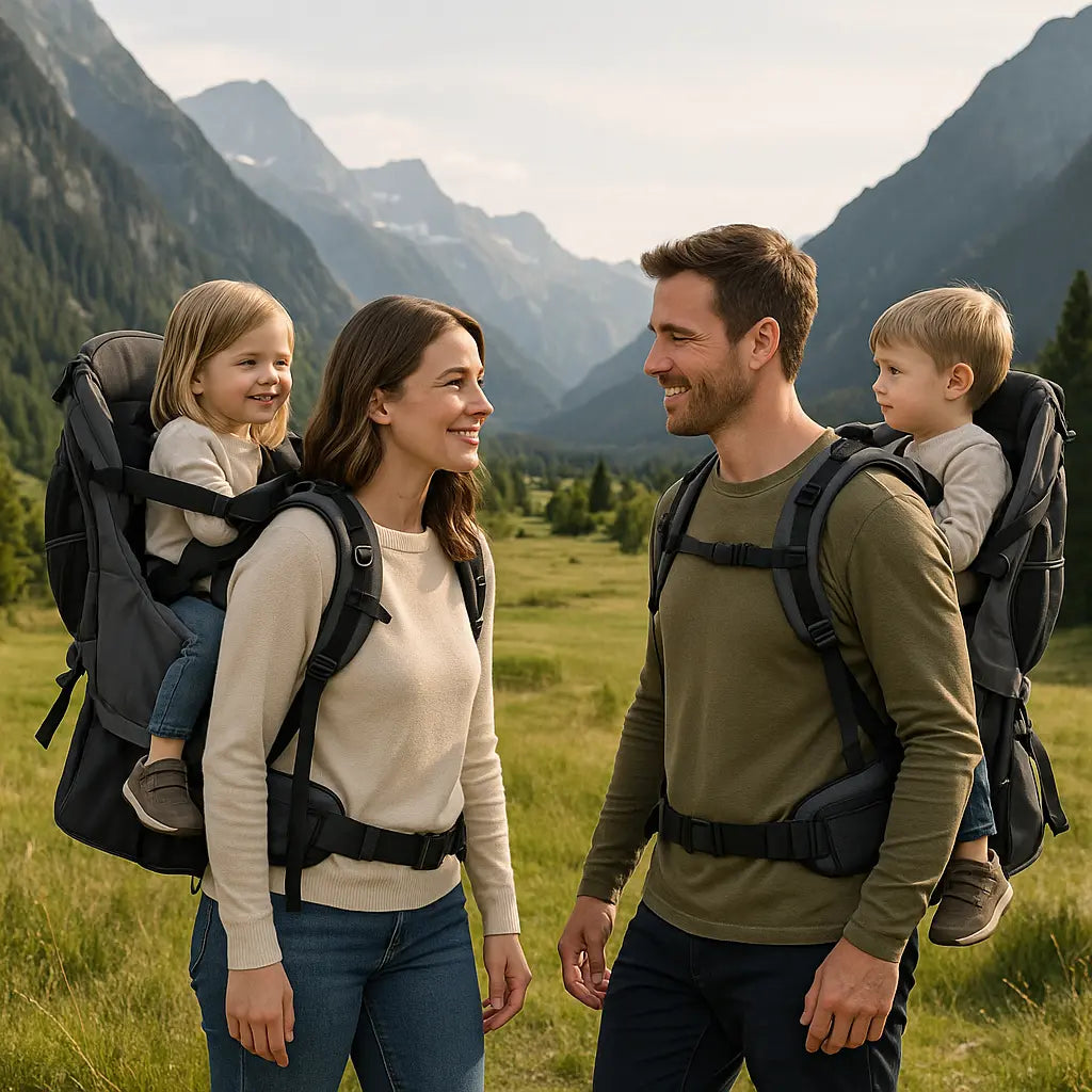 parents portent enfants avec porte bebe rando dans la foret