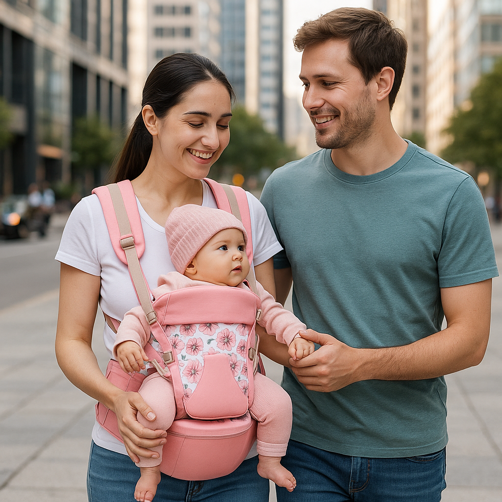 parents ville avec bebe dans porte bebe physiologique naissance
