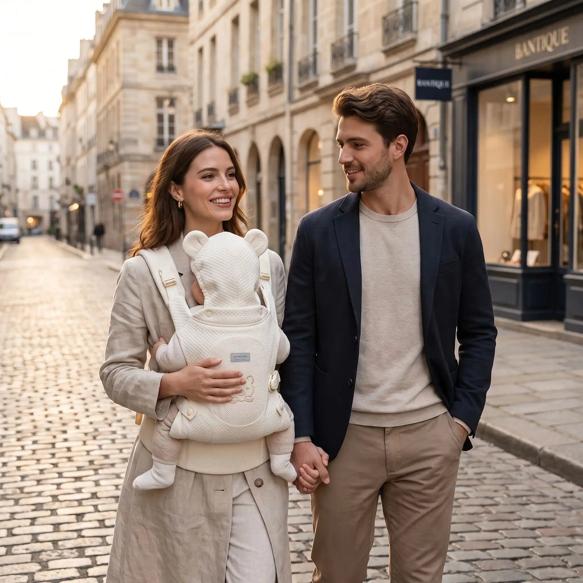 parents ville avec bebe porte bebe 2 ans