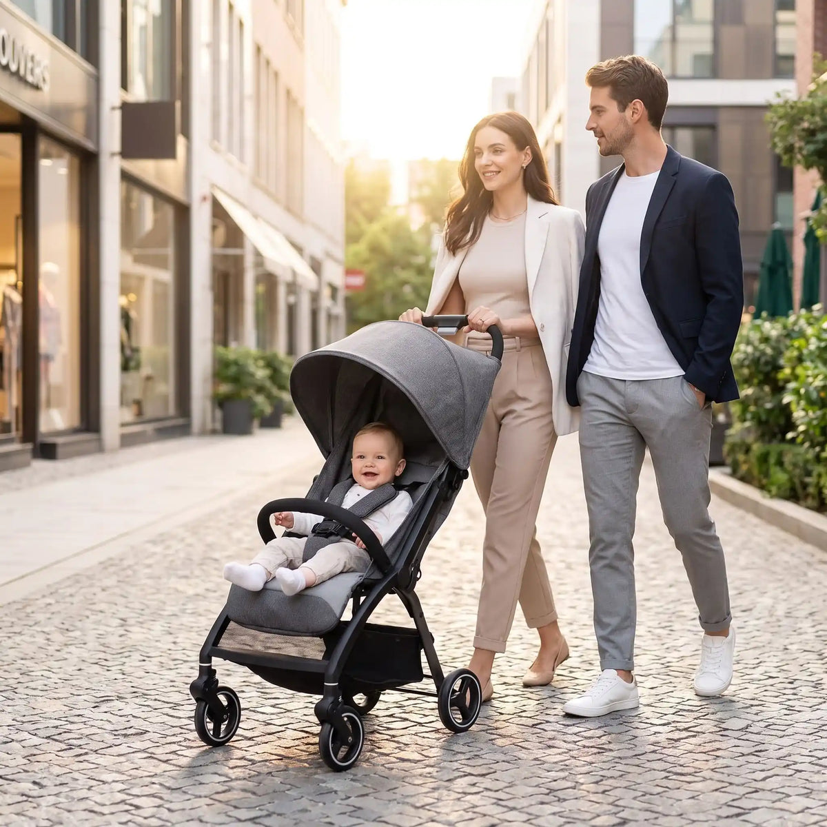 parents ville avec bebe poussette nouveau ne compacte