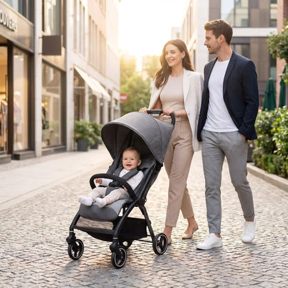 parents ville avec bebe poussette nouveau ne compacte