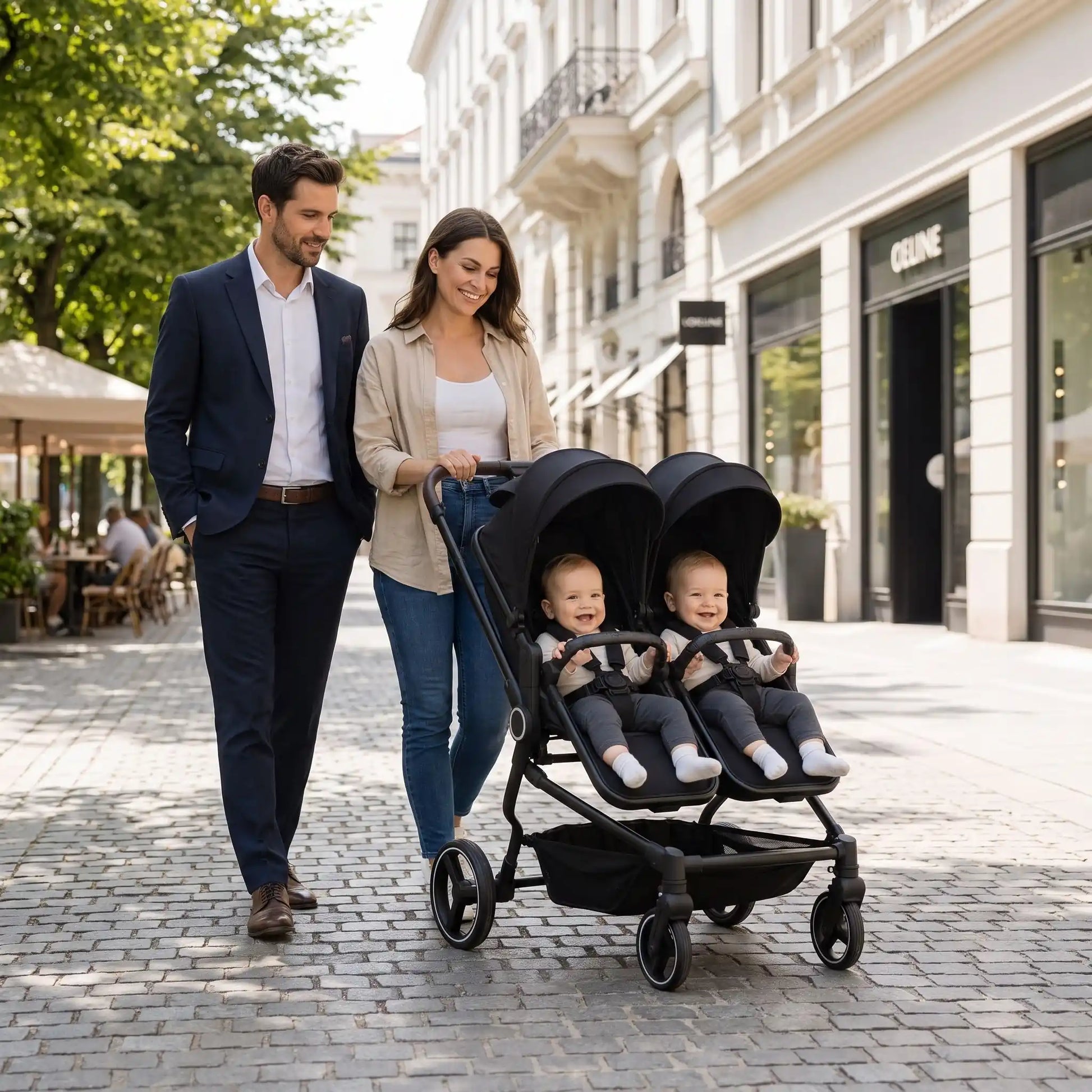 parents ville avec bebes poussette jumeaux