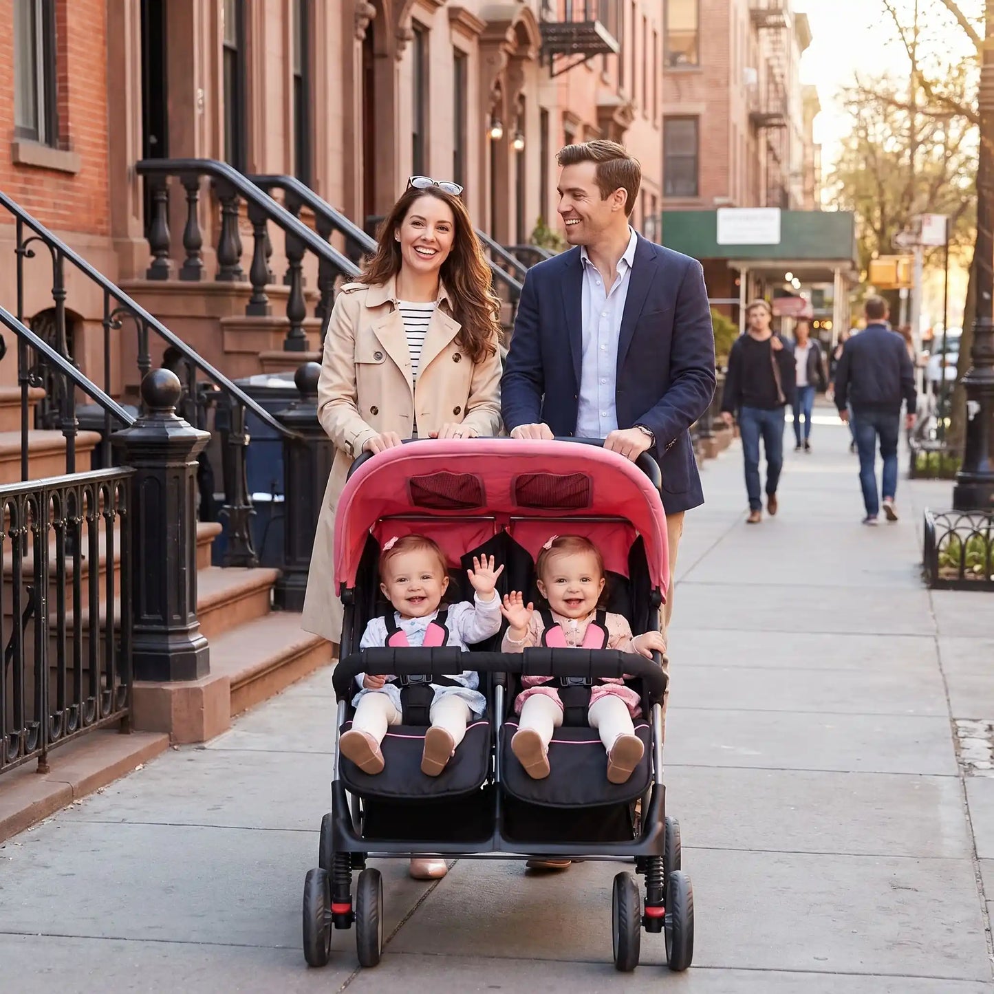 parents ville avec bébés poussette pour des jumeaux