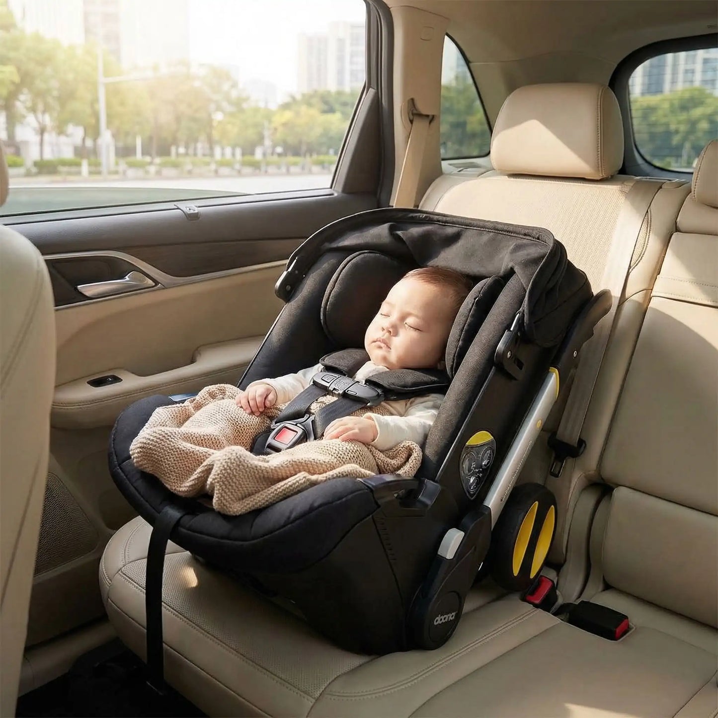 poussette compacte dans la voiture avec bebe