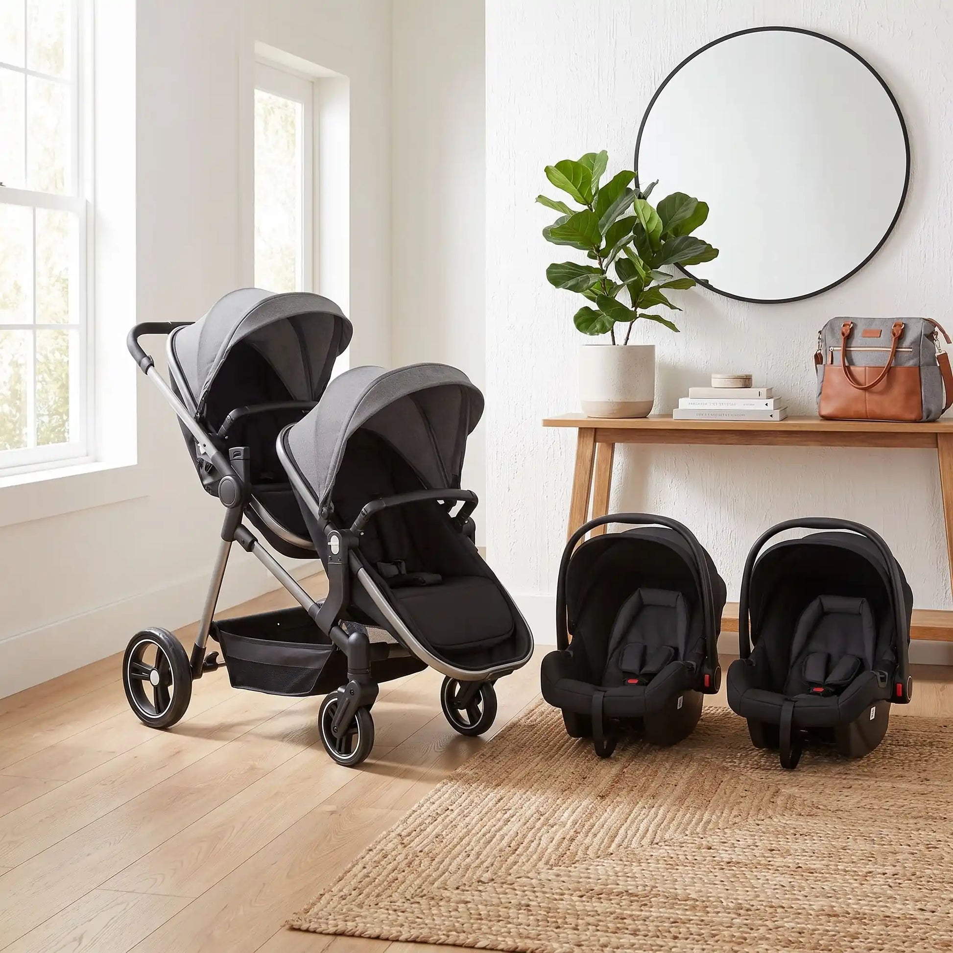 poussette des jumeaux gris avec cosy