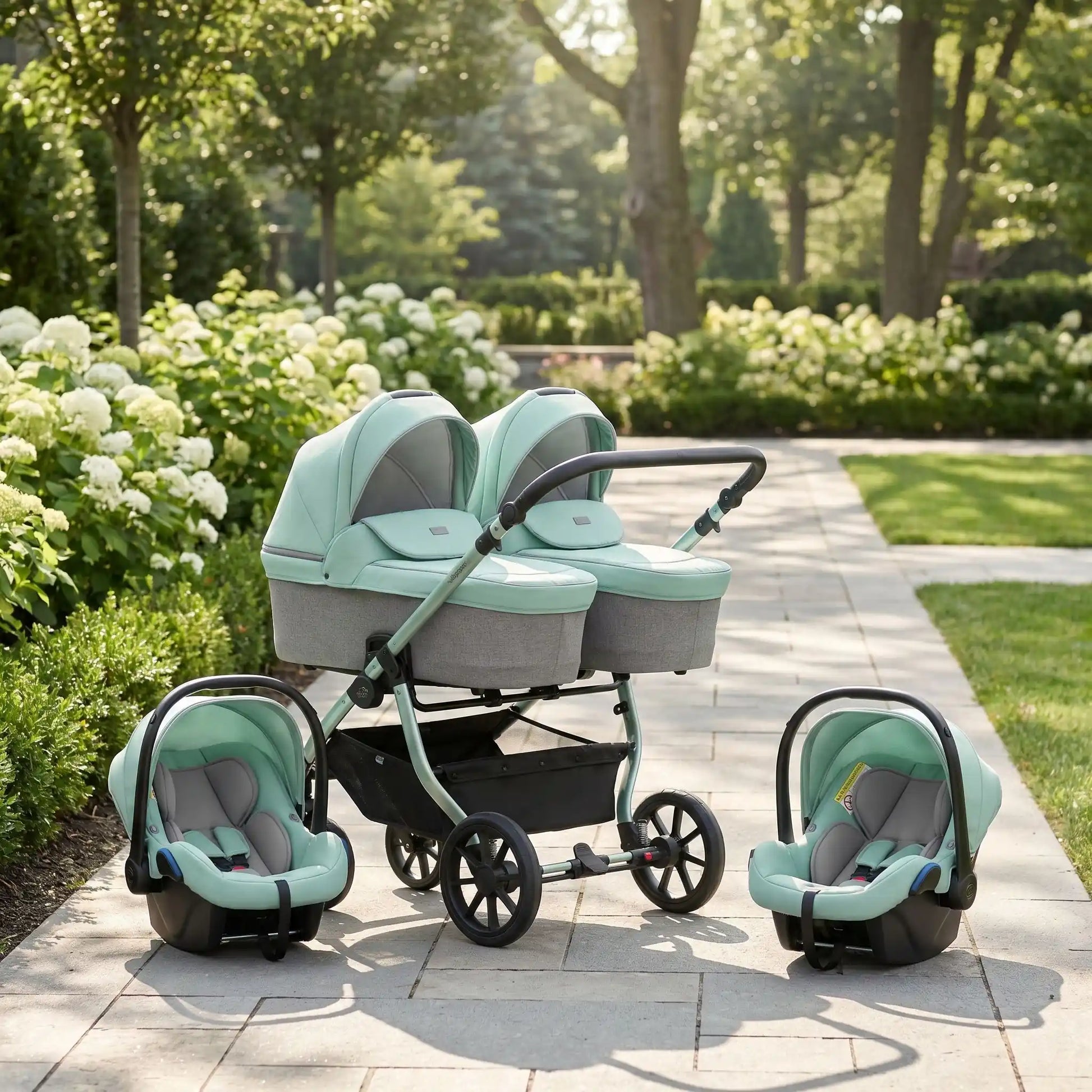 poussette pour des jumeaux vert au parc