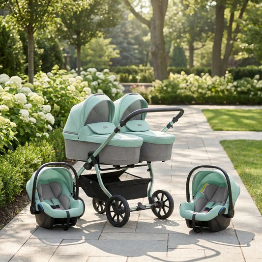 poussette pour des jumeaux vert au parc