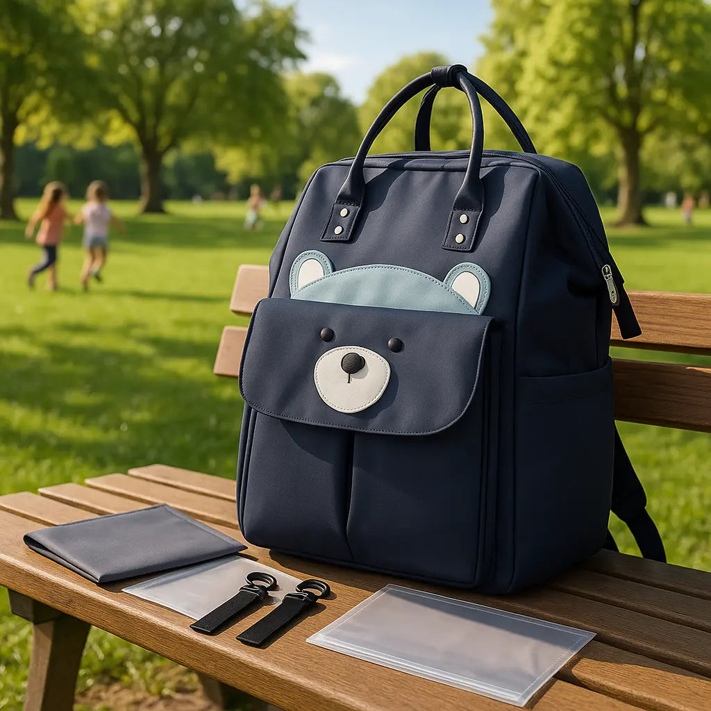 sac a langer noir sur le banc au parc